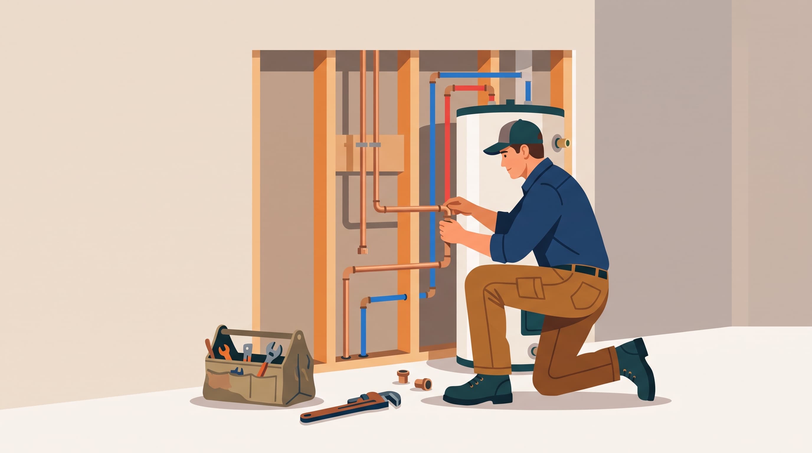 Plumber Connecting Pipes to a New Water Heater
